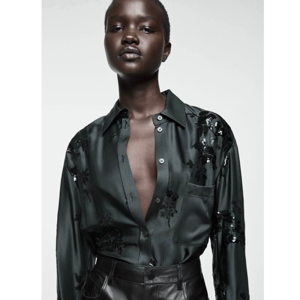 Zara | Women | Emerald Green Satin Floral Sequin LS Button Up Blouse | Small - Picture 16 of 16